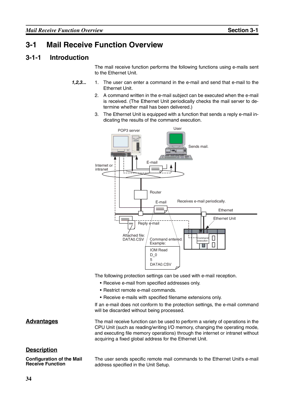 Omron CJ1W-ETN21 operation manual Mail Receive Function Overview, Advantages, Description, Configuration of the Mail 