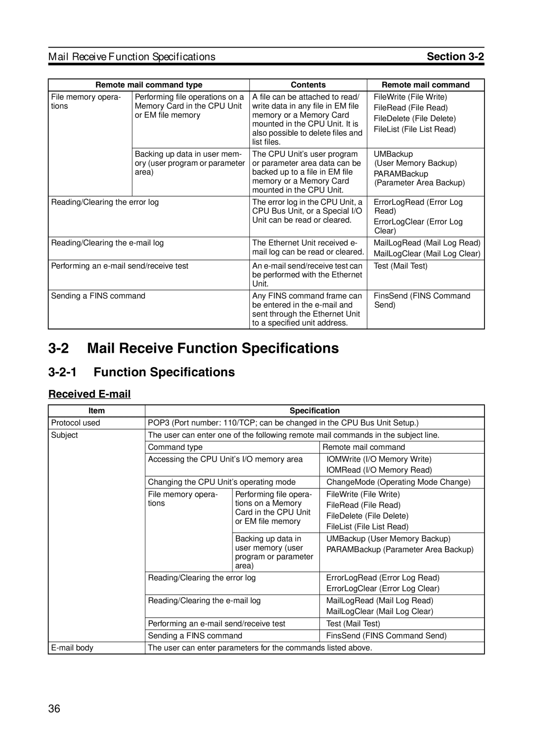 Omron CJ1W-ETN21 operation manual Mail Receive Function Specifications, Received E-mail 