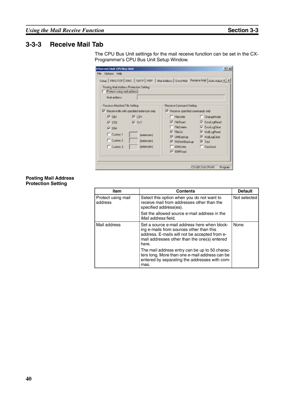 Omron CJ1W-ETN21 operation manual Receive Mail Tab, Posting Mail Address Protection Setting 