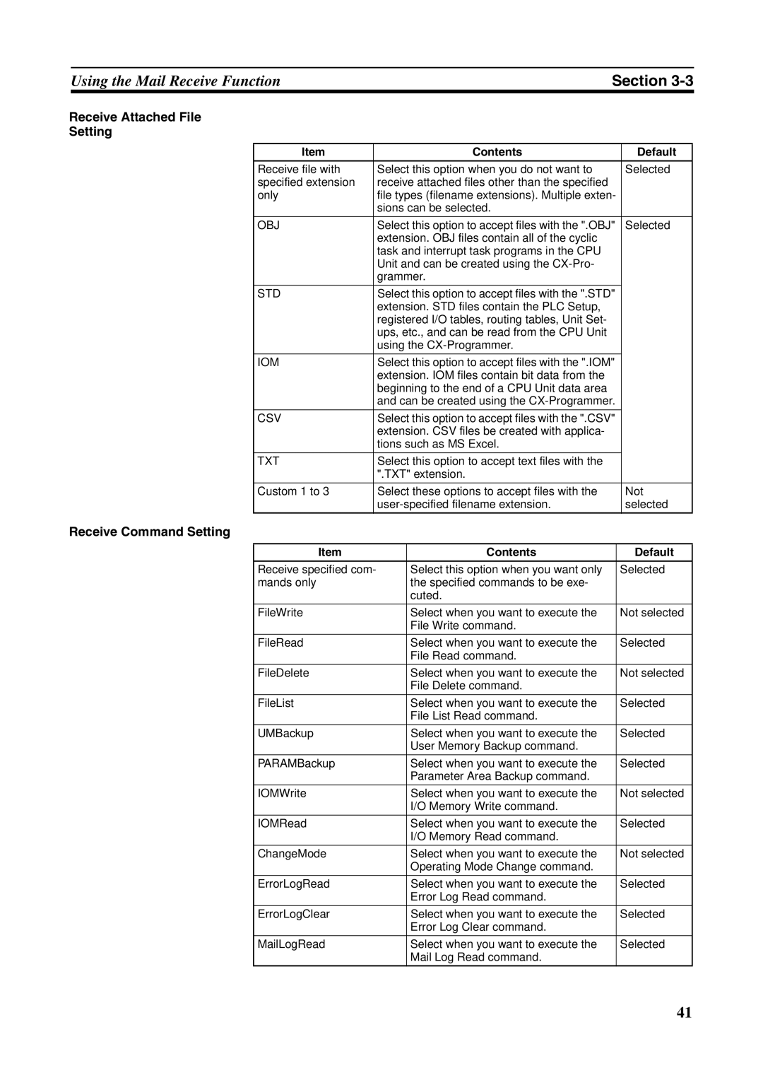 Omron CJ1W-ETN21 operation manual Receive Attached File Setting, Receive Command Setting 