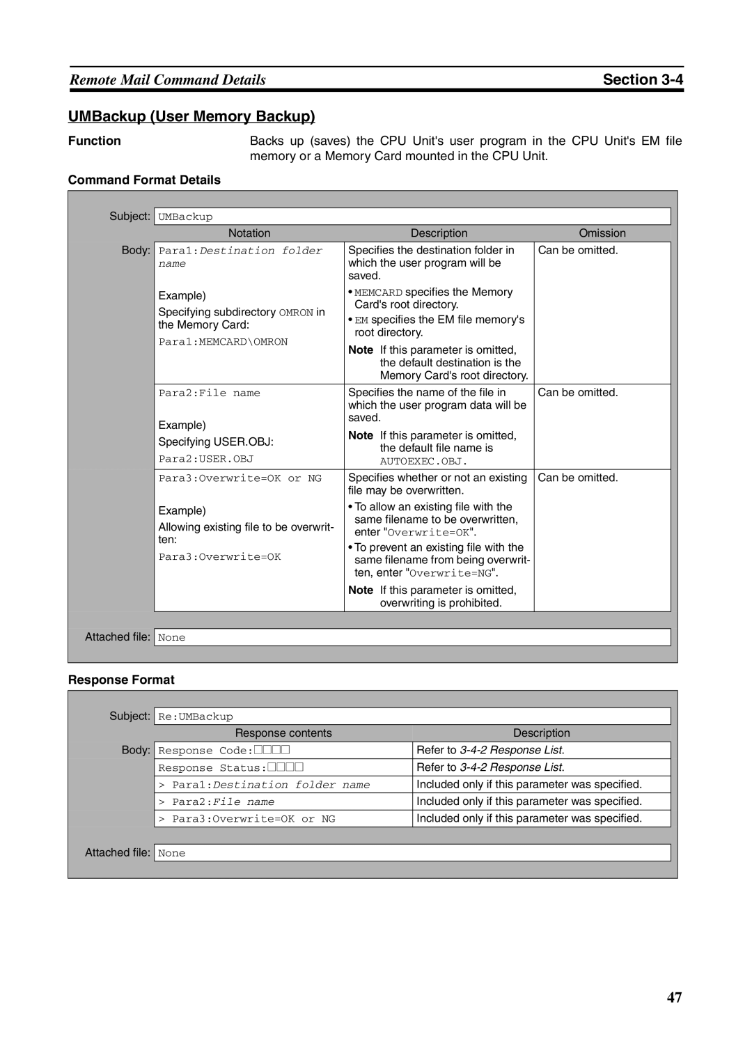 Omron CJ1W-ETN21 UMBackup User Memory Backup, Memory or a Memory Card mounted in the CPU Unit, Command Format Details 