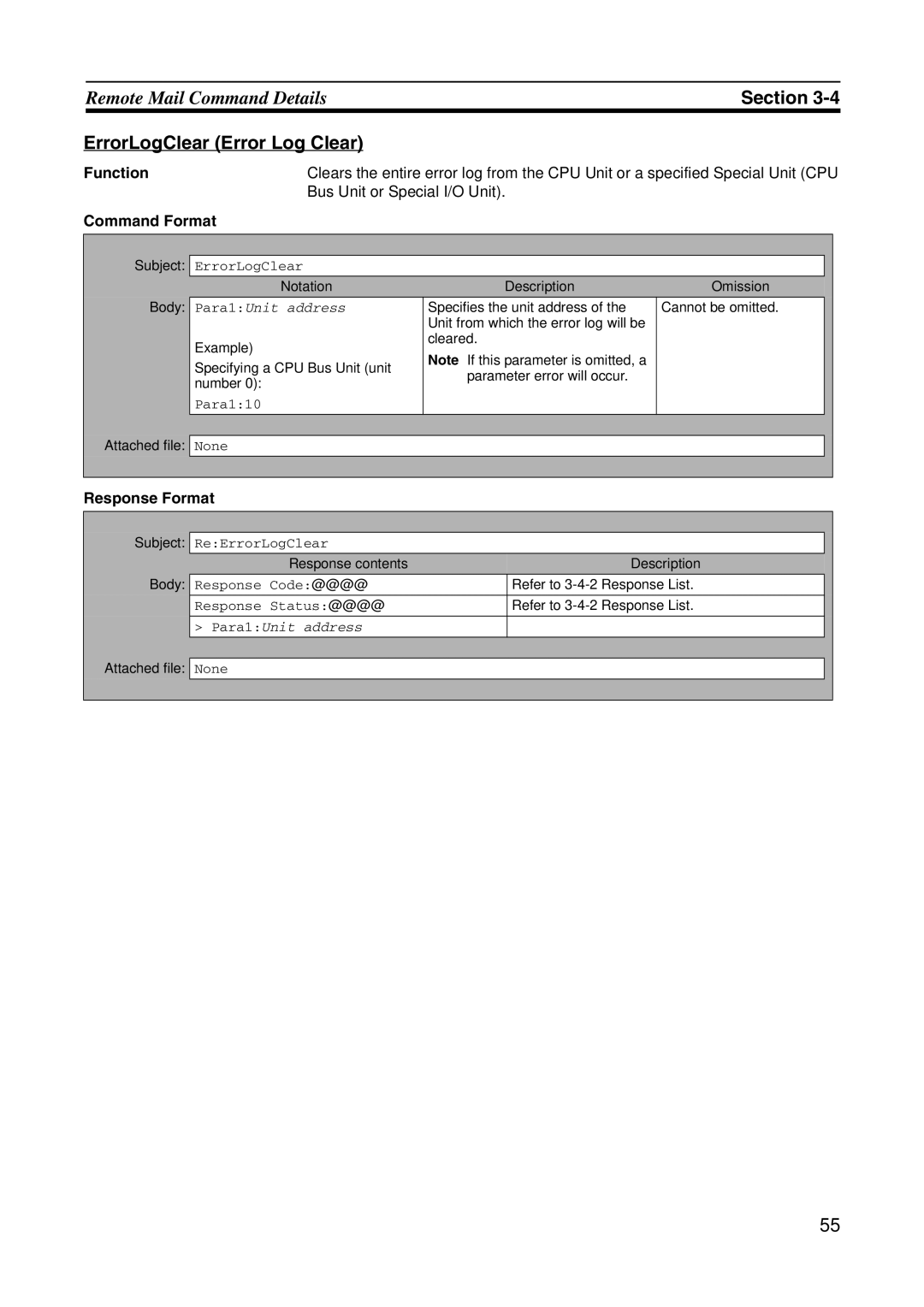 Omron CJ1W-ETN21 operation manual ErrorLogClear Error Log Clear 