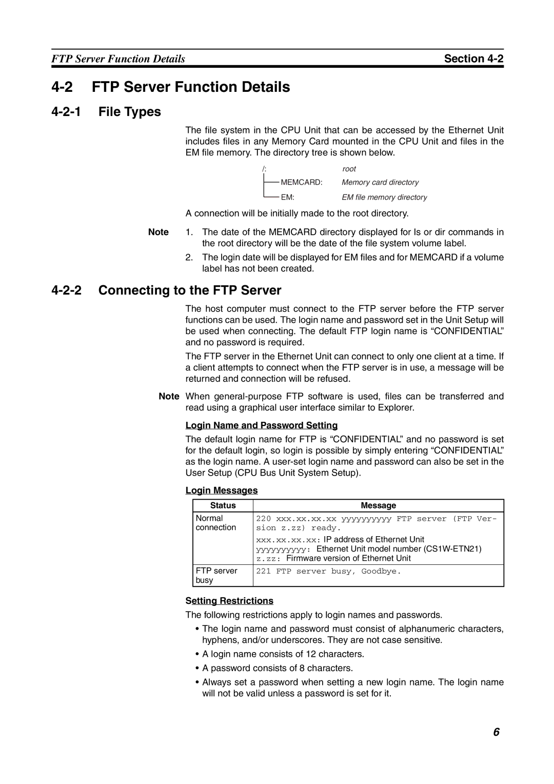 Omron CJ1W-ETN21 operation manual FTP Server Function Details, File Types, Connecting to the FTP Server 