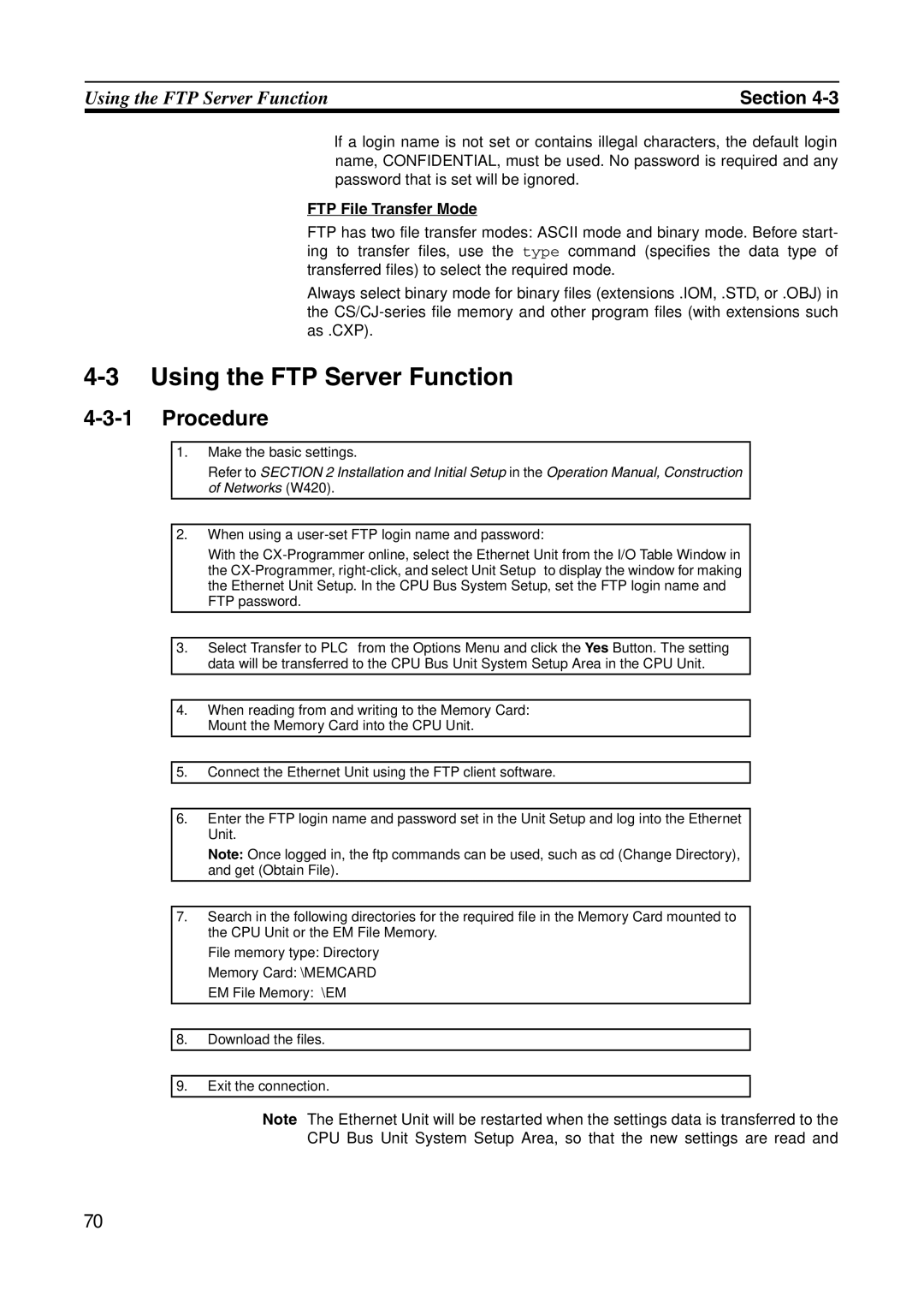 Omron CJ1W-ETN21 operation manual Using the FTP Server Function, FTP File Transfer Mode 