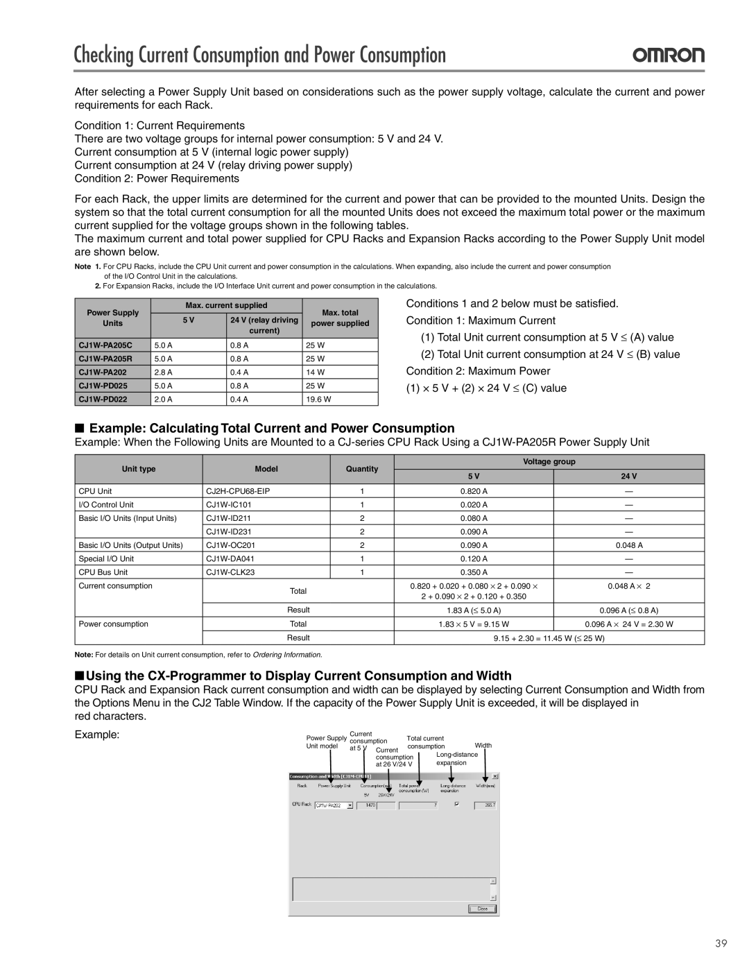 Omron CJ2 Checking Current Consumption and Power Consumption, Example Calculating Total Current and Power Consumption 