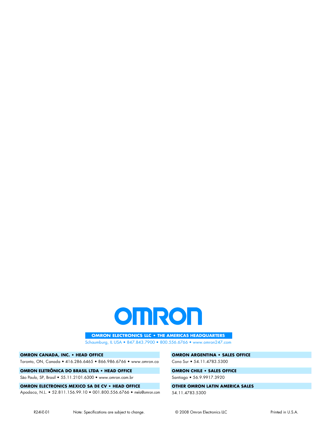 Omron CJ2 manual Omron Electronics LLC the Americas Headquarters 