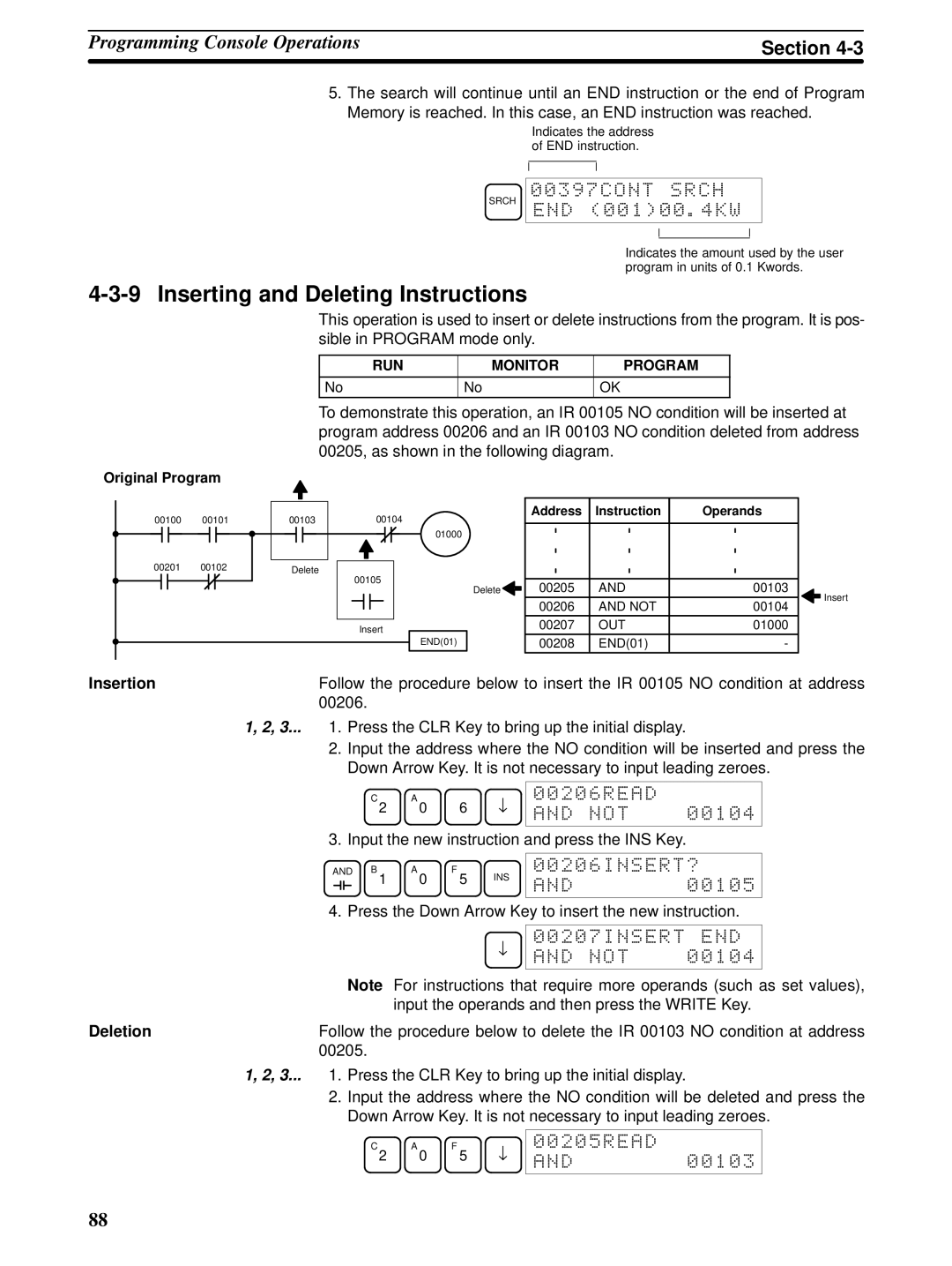 Omron CPM1A Inserting and Deleting Instructions, Insertion, 00207INSERT END Not, Deletion, Original Program 