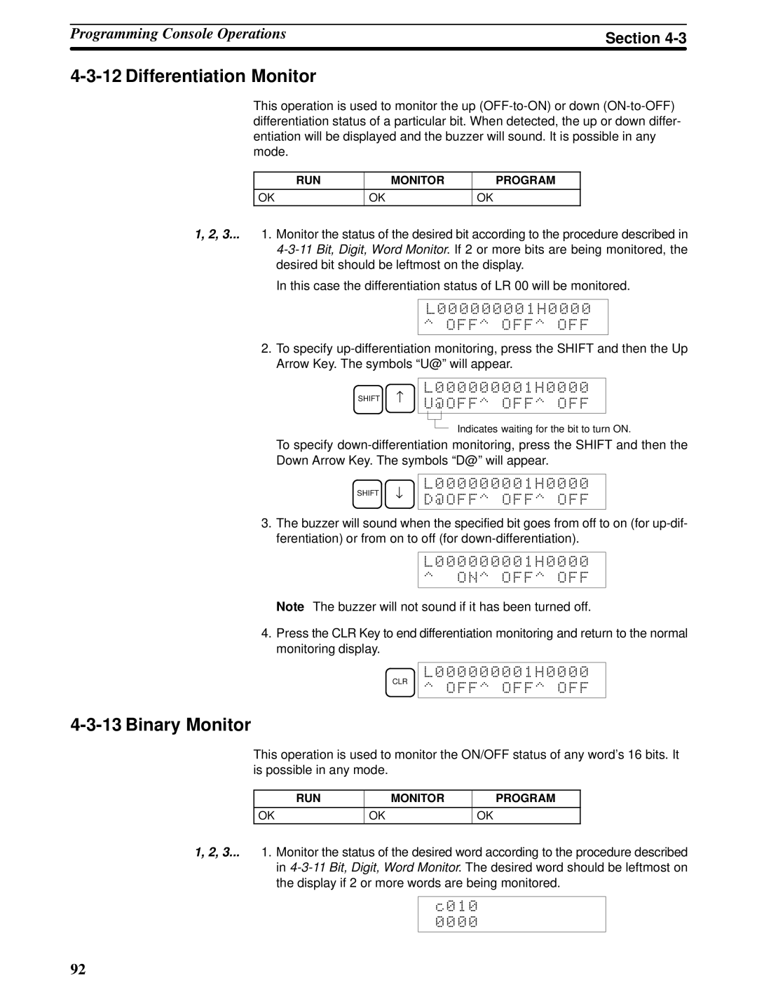 Omron CPM1A operation manual Differentiation Monitor, Binary Monitor, @Off Off Off, Clr Off Off Off 