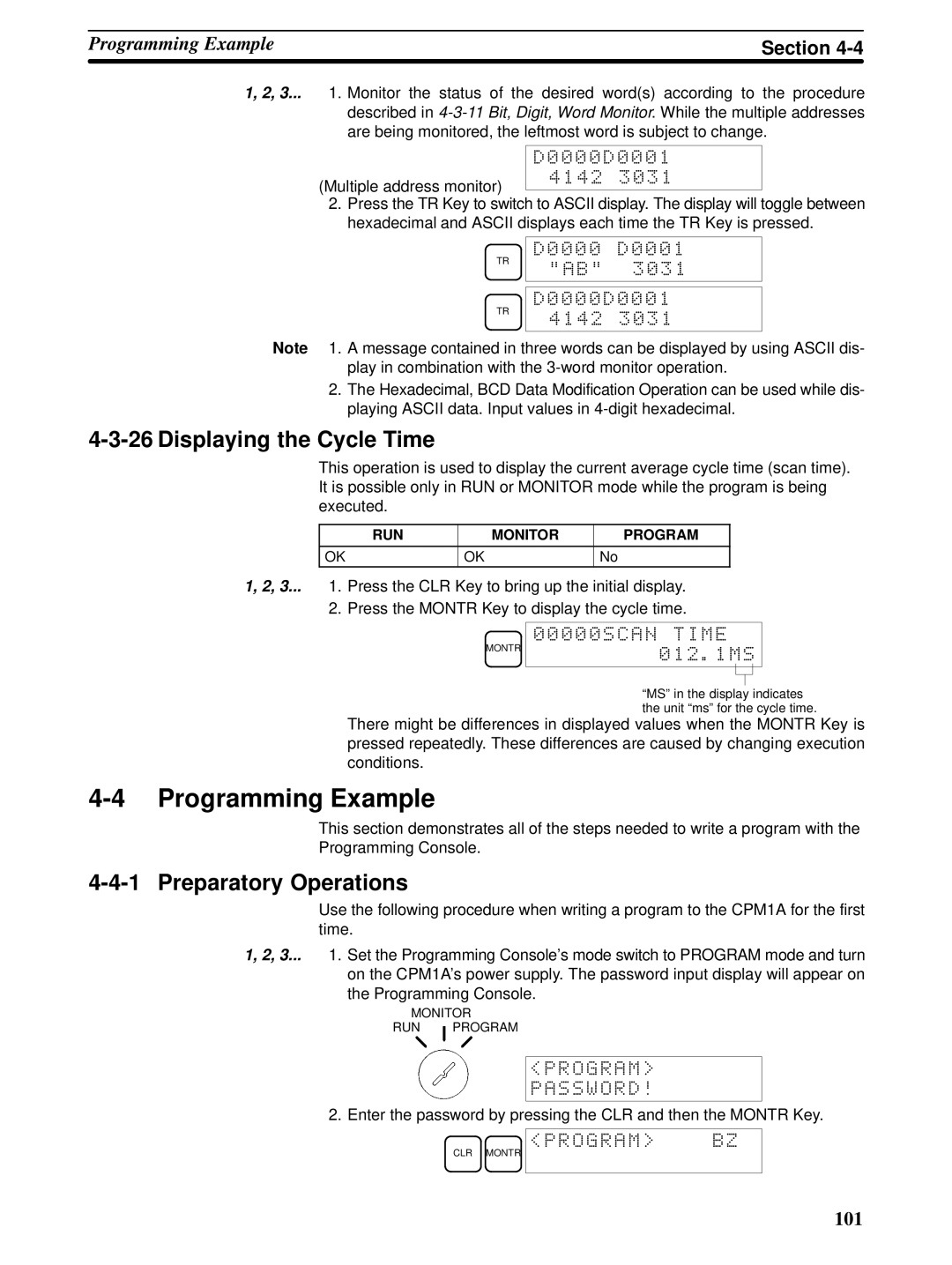 Omron CPM1A operation manual Programming Example, Displaying the Cycle Time, Preparatory Operations, Program Password 