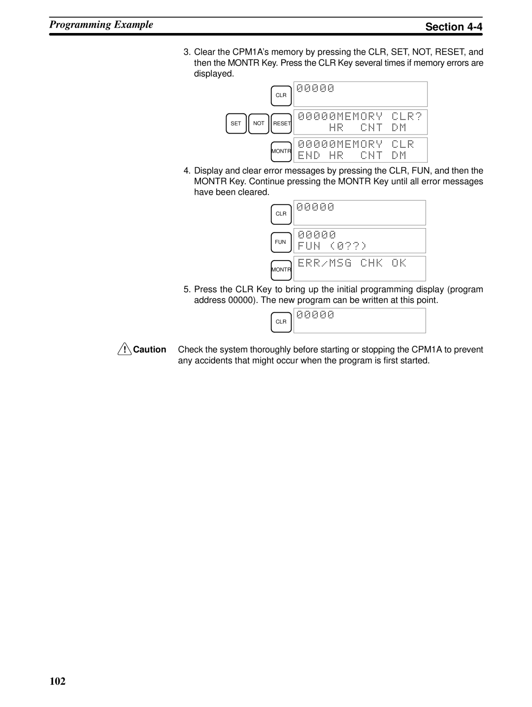 Omron CPM1A operation manual 00000MEMORY CLR? HR CNT DM Montr END HR CNT DM, Err/Msg Chk Ok 