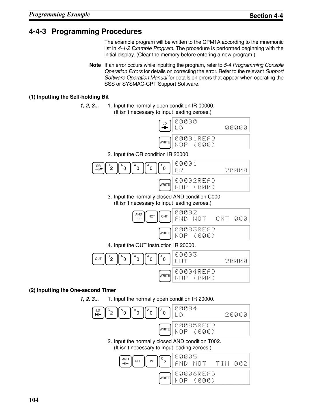 Omron CPM1A operation manual Programming Procedures, Inputting the Self-holding Bit, Write NOP, Not CNT and not CNT 