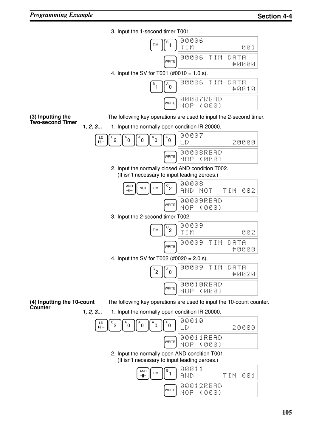 Omron CPM1A operation manual Inputting the Two-second Timer, Inputting the 10-count Counter 