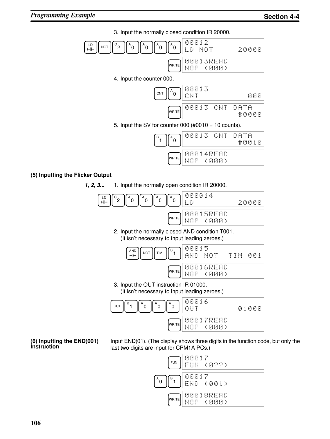 Omron CPM1A operation manual LD not, Inputting the Flicker Output, Inputting the END001 Instruction 