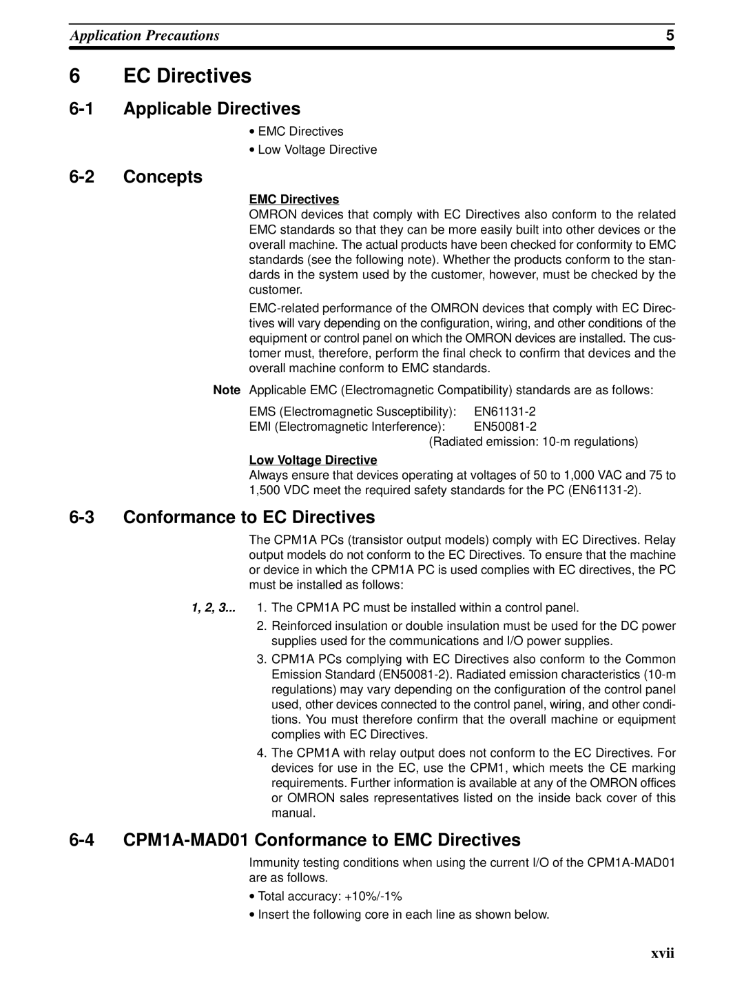 Omron Applicable Directives, Concepts, Conformance to EC Directives, CPM1A-MAD01 Conformance to EMC Directives 