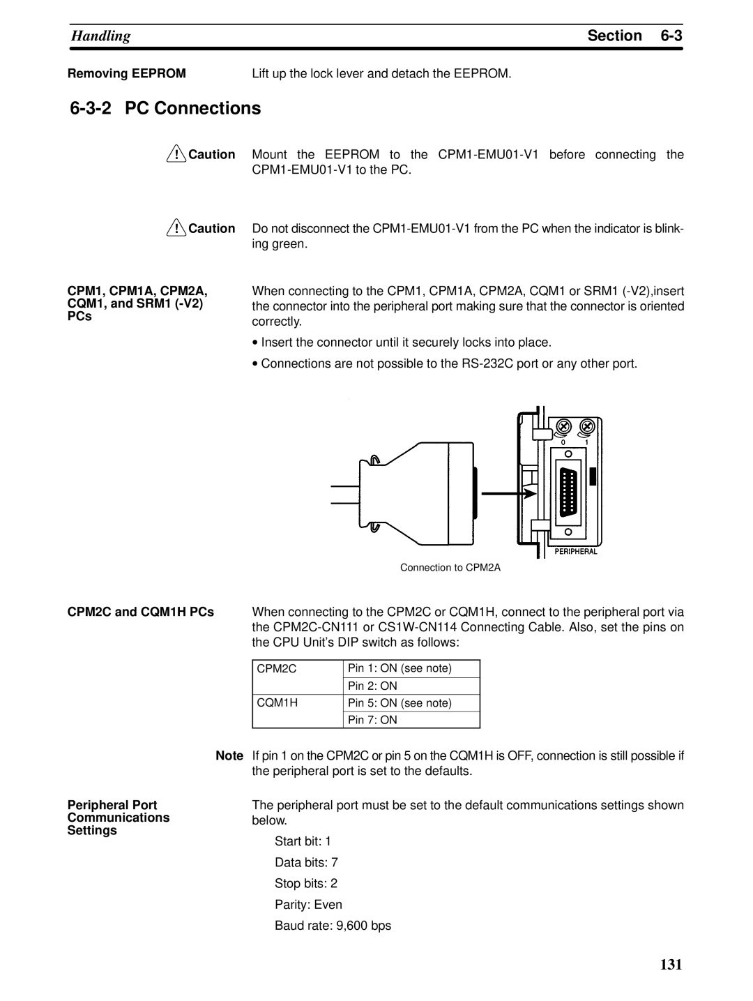 Omron operation manual PC Connections, CPM1, CPM1A, CPM2A, CQM1, and SRM1 PCs, Peripheral Port Communications Settings 