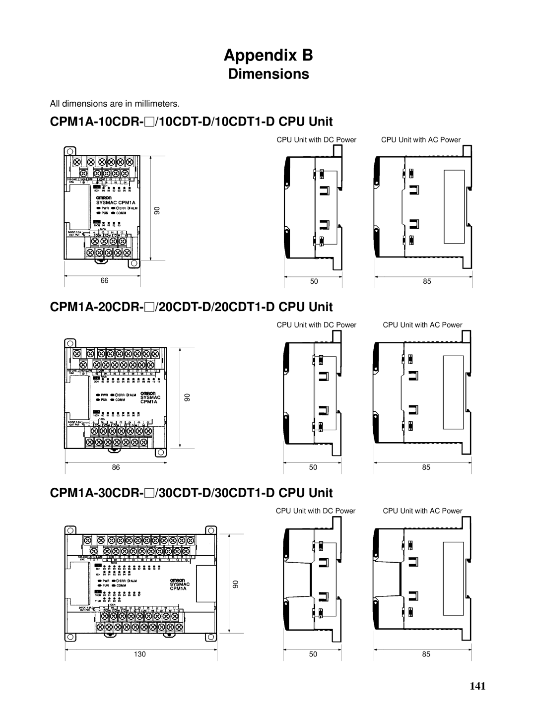 Omron operation manual Dimensions, CPM1A-10CDR-j/10CDT-D/10CDT1-D CPU Unit, CPM1A-20CDR-j/20CDT-D/20CDT1-D CPU Unit 