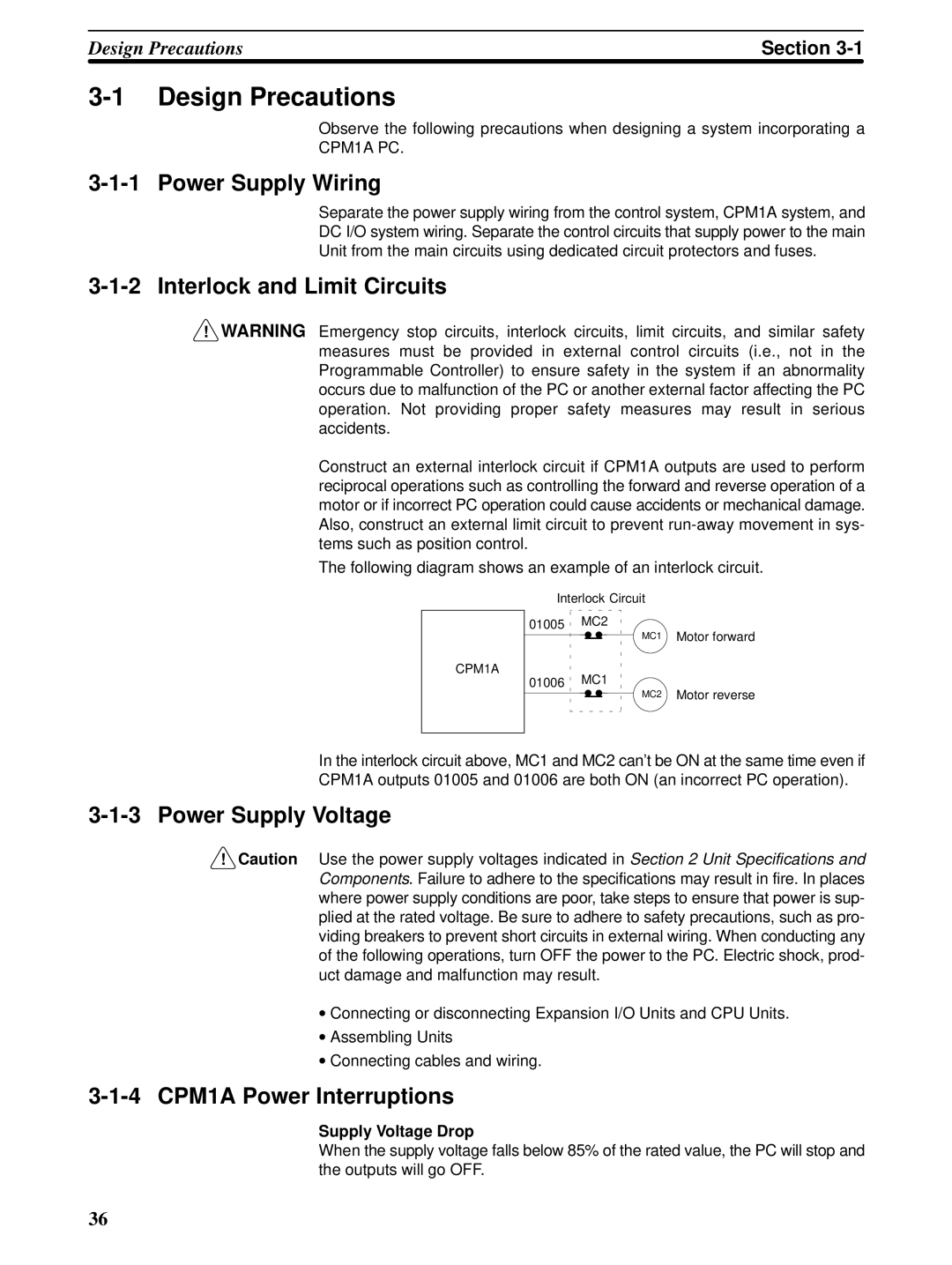 Omron CPM1A operation manual Design Precautions, Power Supply Wiring, Interlock and Limit Circuits, Power Supply Voltage 