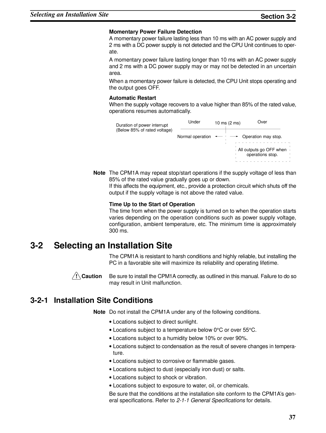 Omron CPM1A Selecting an Installation Site, Installation Site Conditions, Momentary Power Failure Detection 