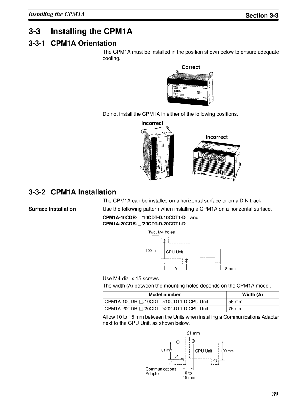 Omron operation manual Installing the CPM1A, 1 CPM1A Orientation, 2 CPM1A Installation, Correct, Incorrect 