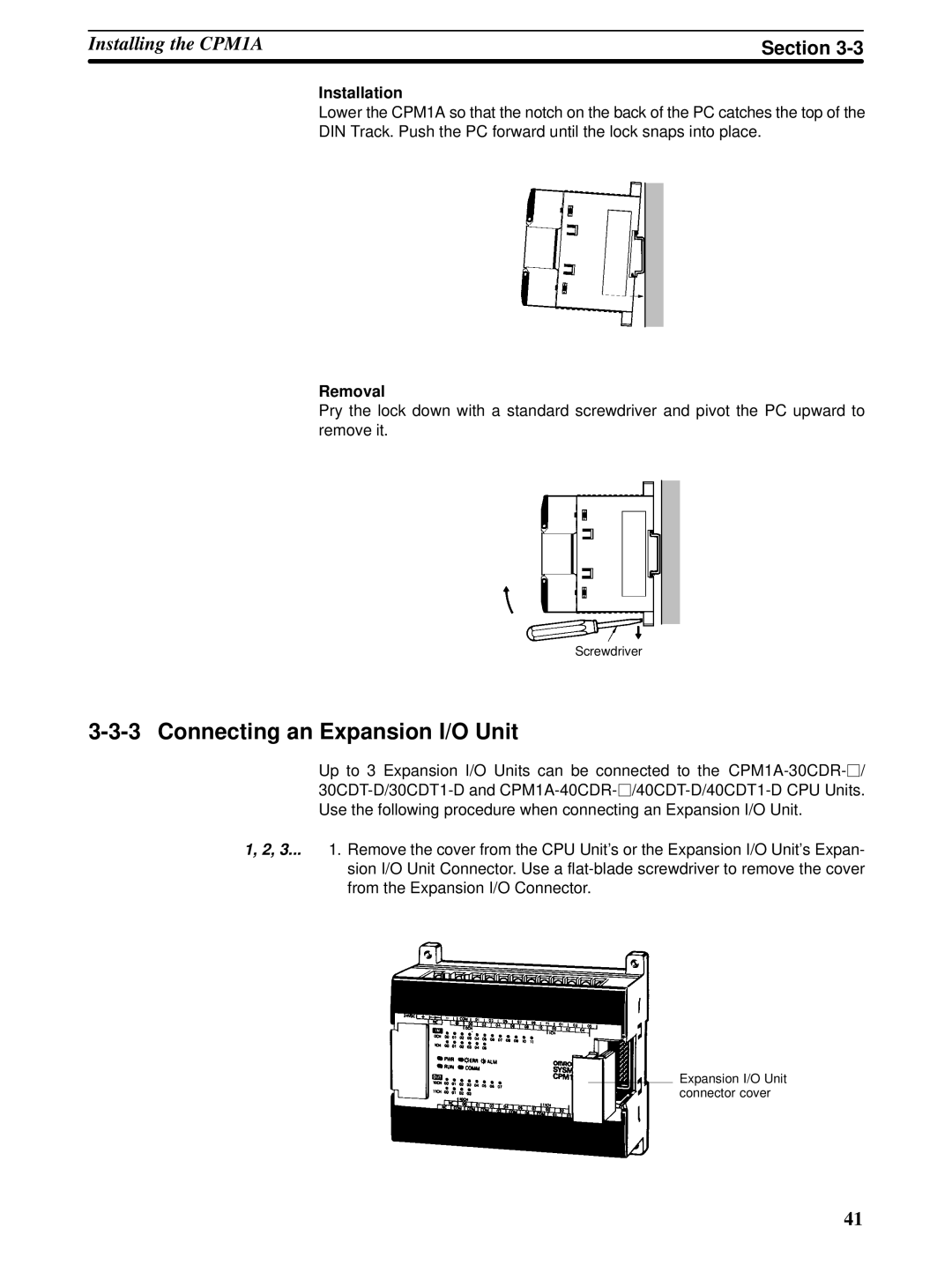 Omron CPM1A operation manual Connecting an Expansion I/O Unit, Installation, Removal 