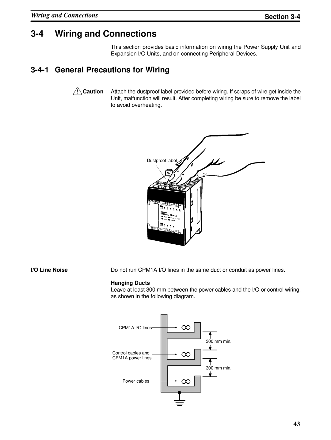 Omron CPM1A operation manual Wiring and Connections, General Precautions for Wiring, Line Noise, Hanging Ducts 