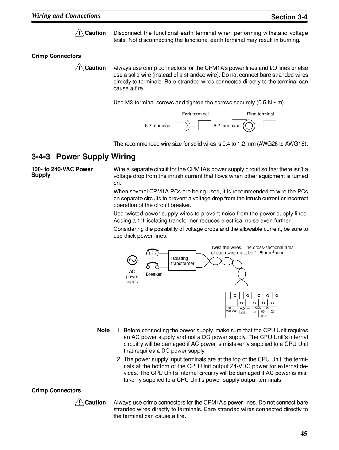 Omron CPM1A operation manual Crimp Connectors, To 240-VAC Power Supply 