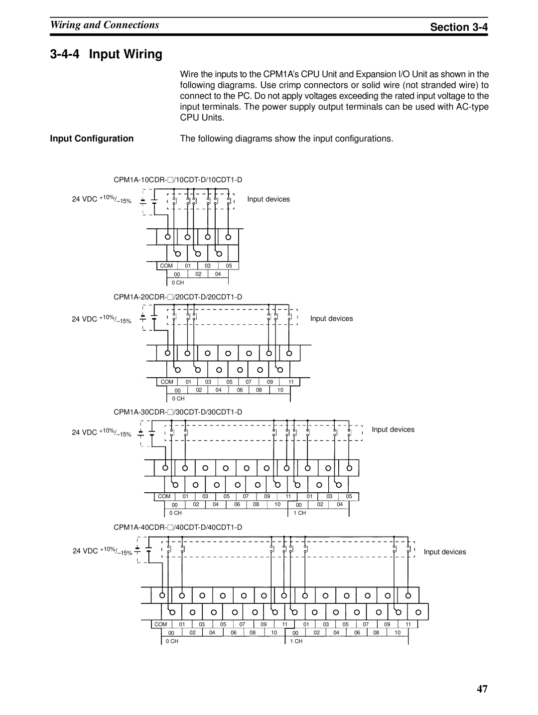 Omron CPM1A operation manual Input Wiring, Input Configuration 