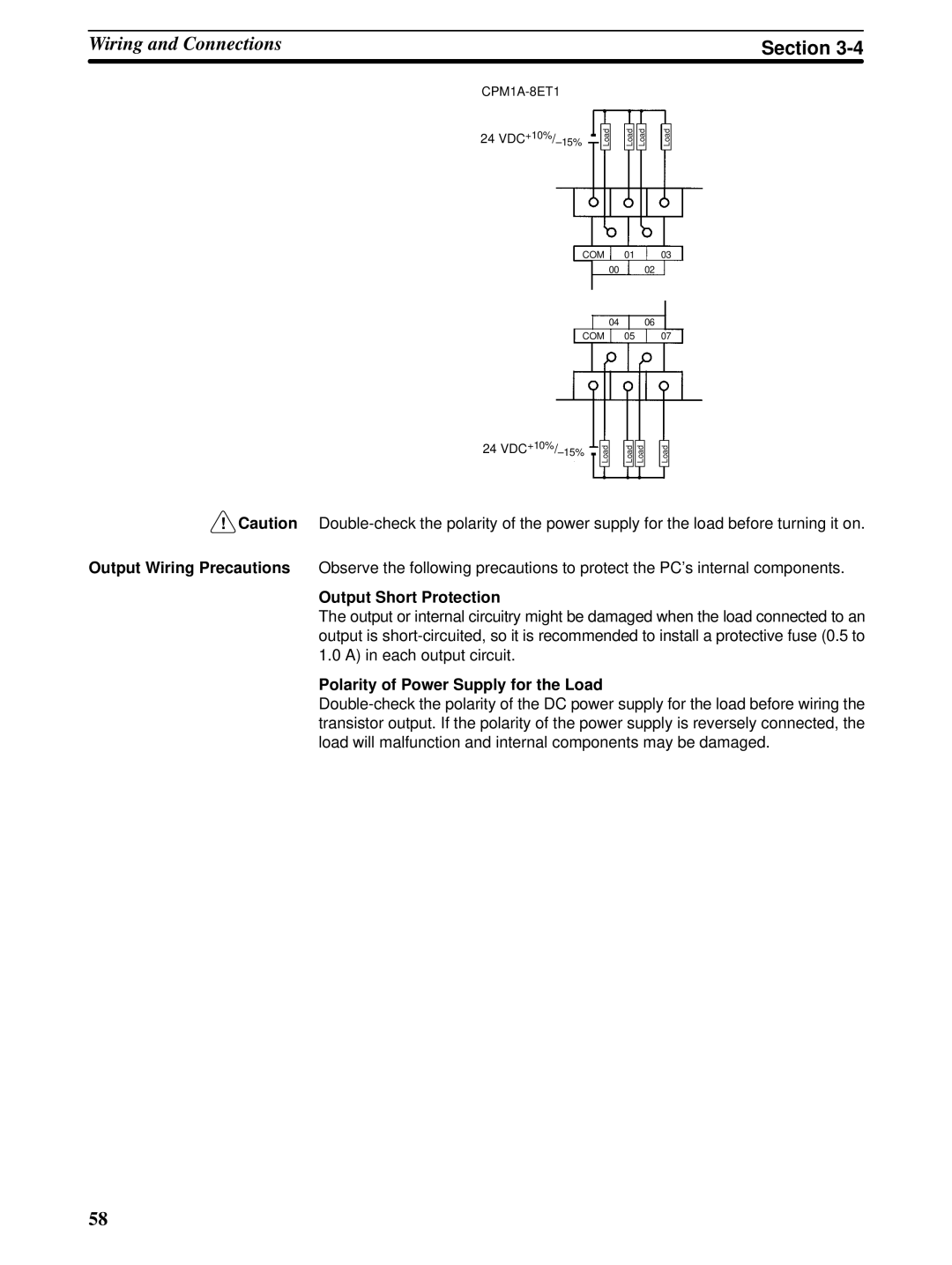 Omron CPM1A operation manual Output Short Protection, Polarity of Power Supply for the Load 