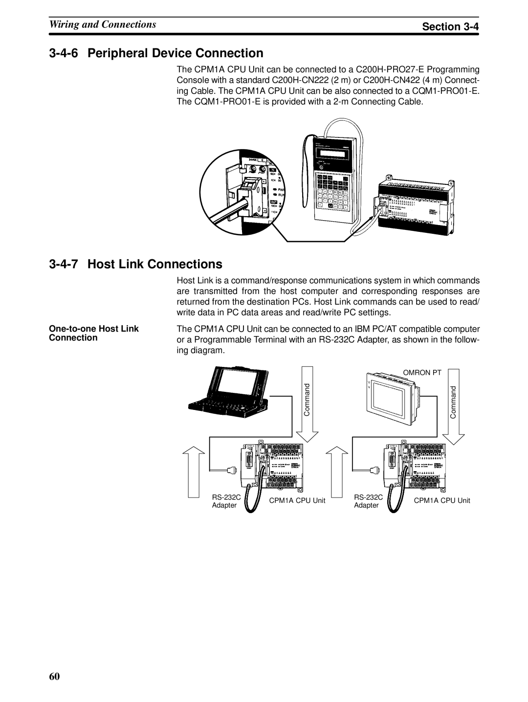 Omron CPM1A operation manual Peripheral Device Connection, Host Link Connections, One-to-one Host Link Connection 