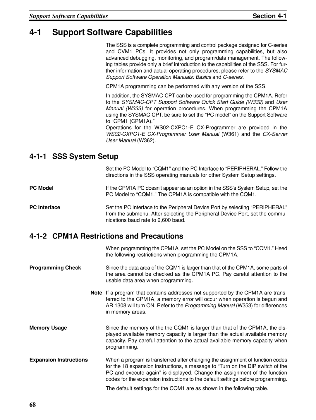 Omron operation manual Support Software Capabilities, SSS System Setup, 2 CPM1A Restrictions and Precautions 