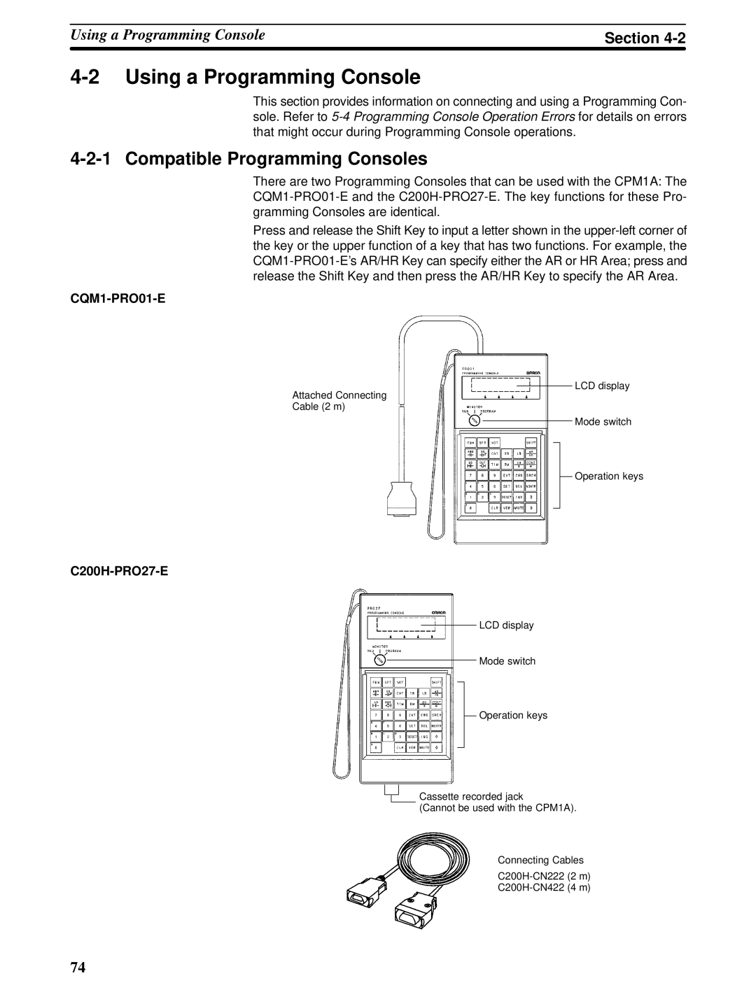 Omron CPM1A operation manual Using a Programming Console, Compatible Programming Consoles, CQM1-PRO01-E, C200H-PRO27-E 