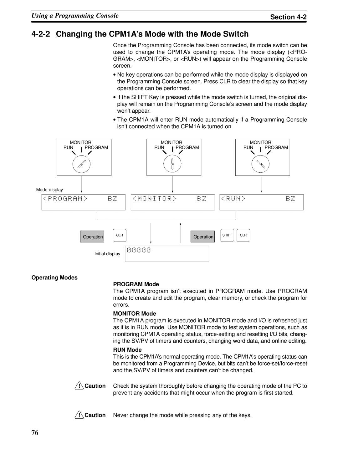 Omron Changing the CPM1A’s Mode with the Mode Switch, Operating Modes, Program Mode, Monitor Mode, RUN Mode 