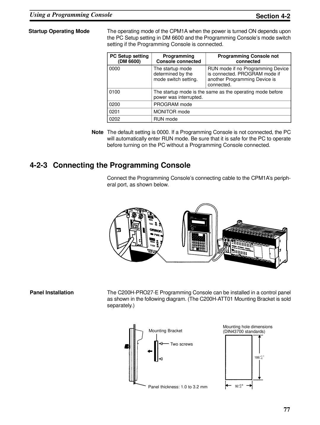 Omron CPM1A operation manual Connecting the Programming Console, Panel Installation 