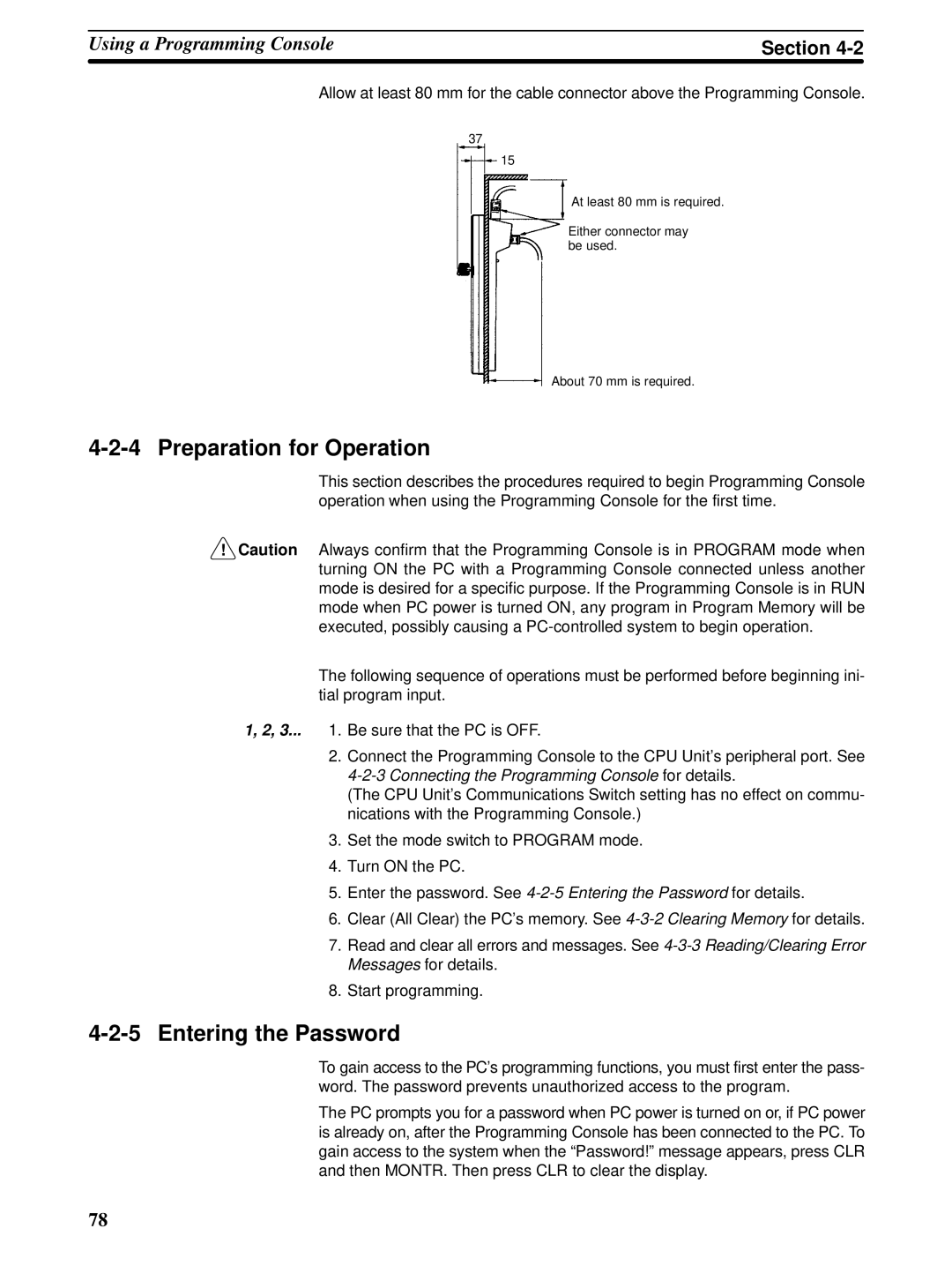 Omron CPM1A operation manual Preparation for Operation, Entering the Password 