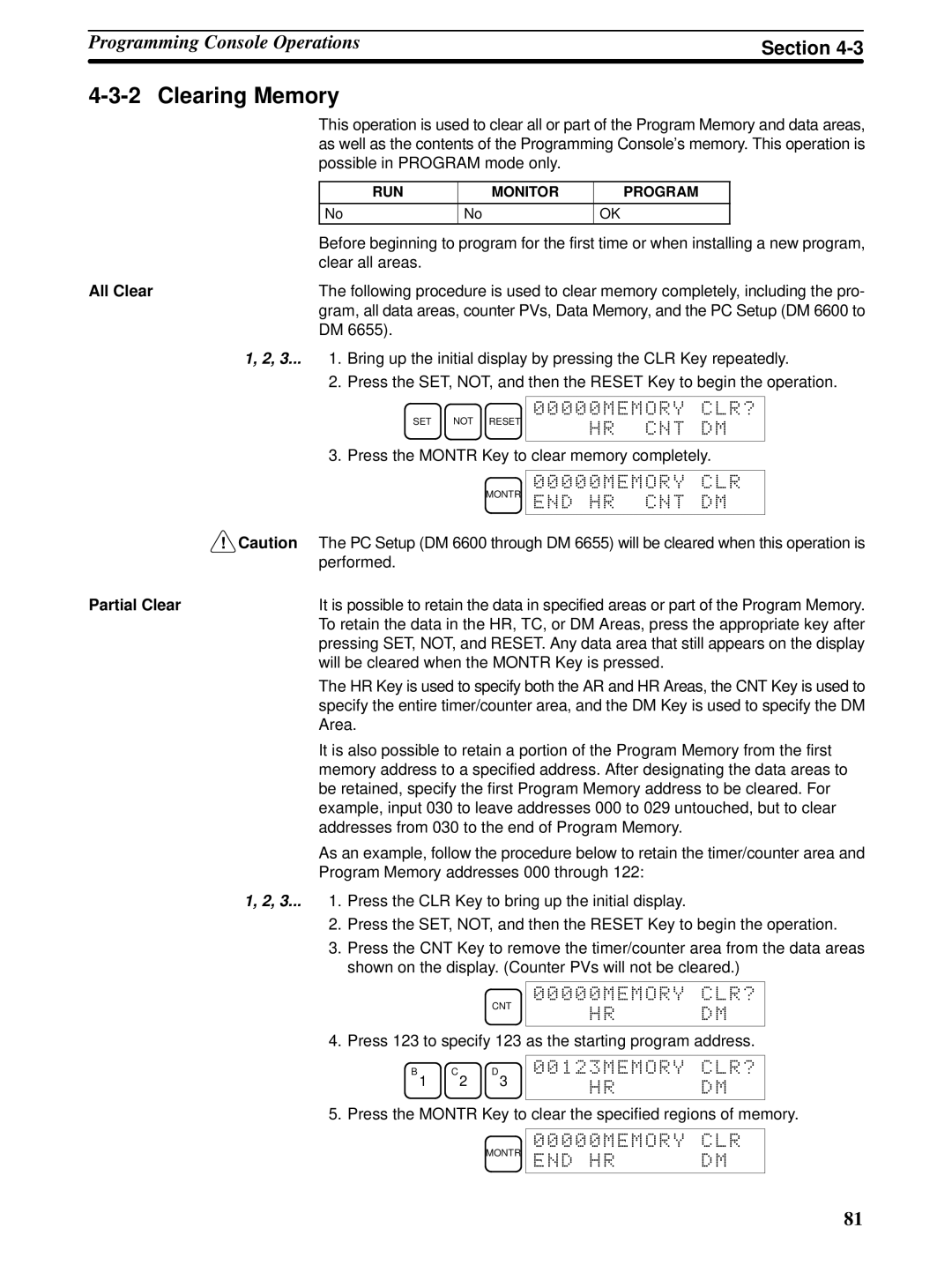 Omron CPM1A operation manual Clearing Memory, All Clear, Partial Clear 