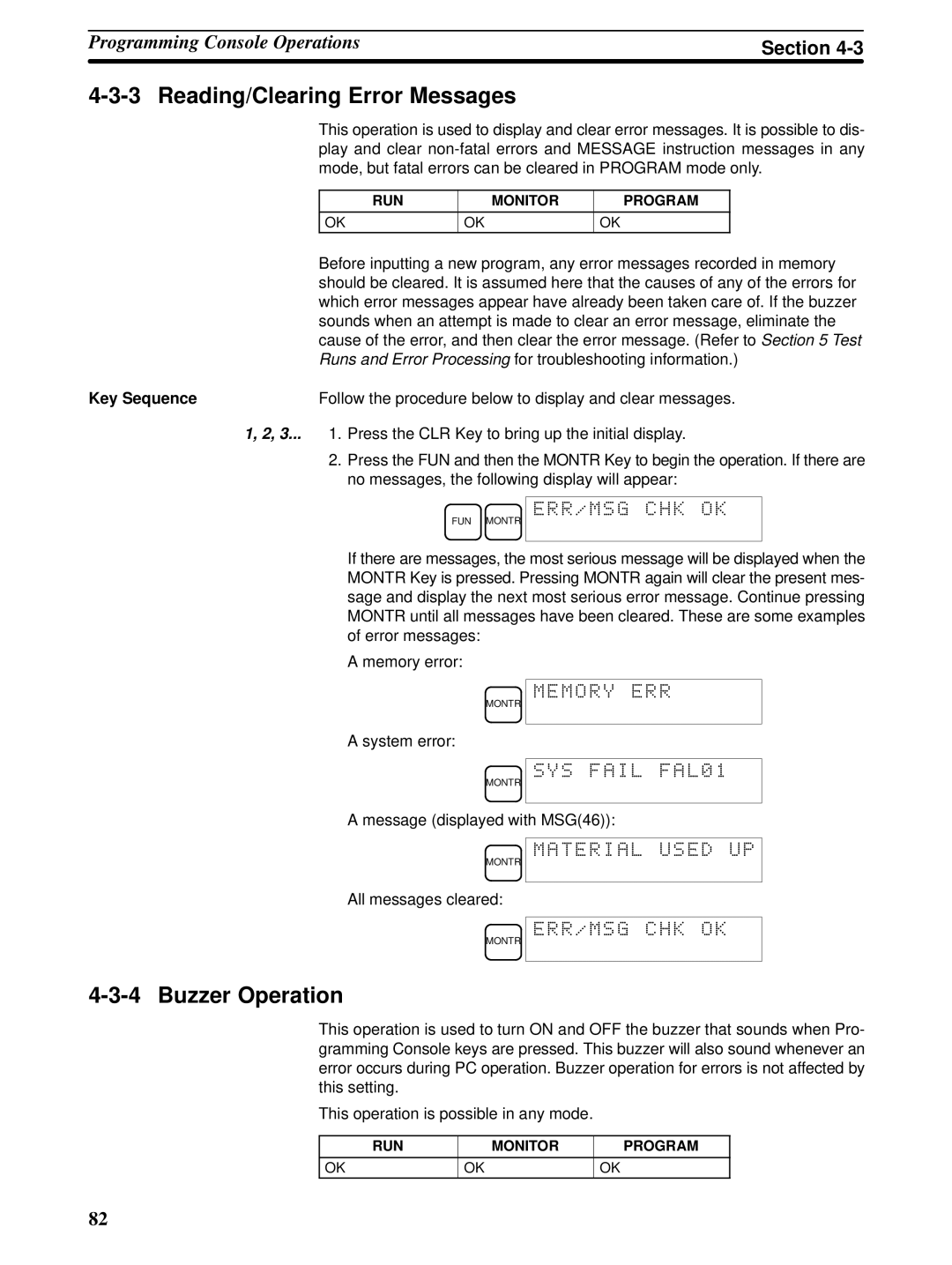 Omron CPM1A operation manual Reading/Clearing Error Messages, Buzzer Operation, Key Sequence 