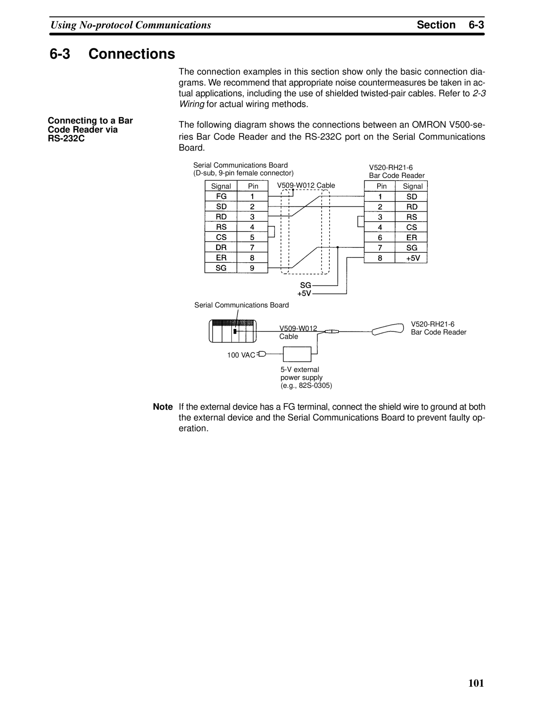 Omron CQM1H-SCB41 operation manual Connections, Connecting to a Bar Code Reader via RS-232C 