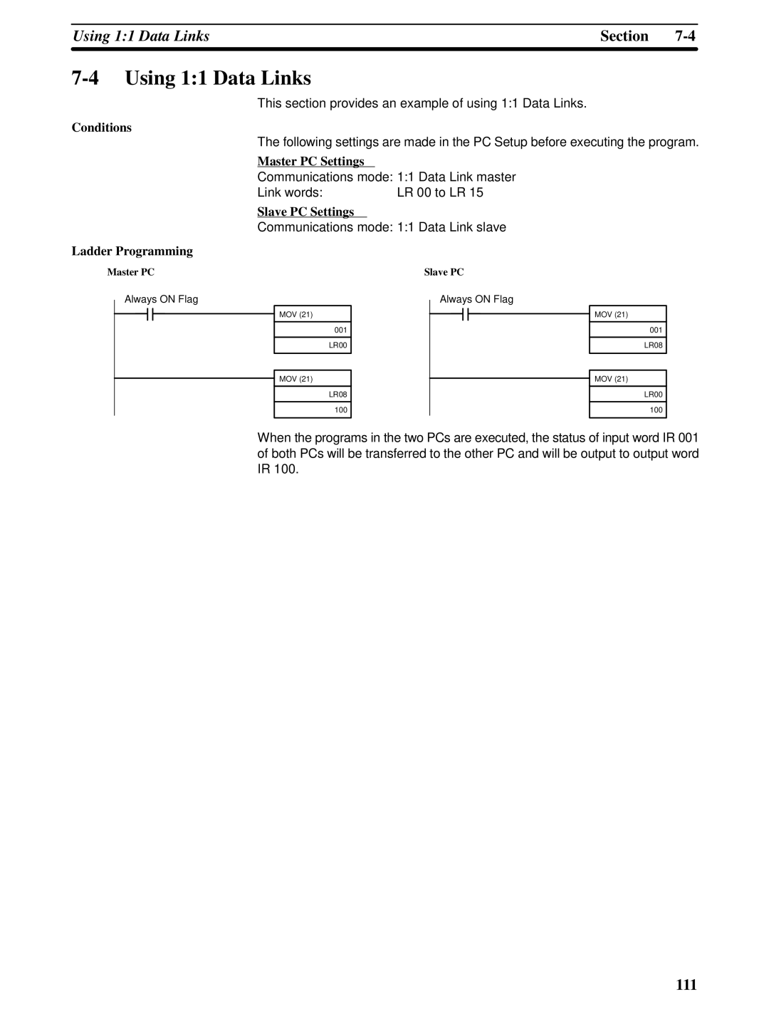 Omron CQM1H-SCB41 operation manual Using 11 Data Links, Conditions, Master PC Settings, Slave PC Settings 