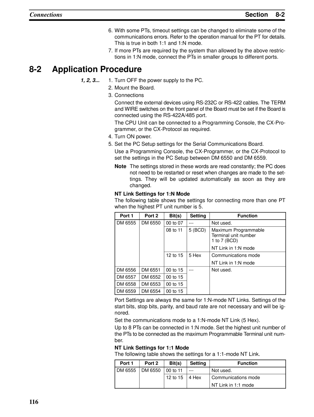 Omron CQM1H-SCB41 operation manual NT Link Settings for 1N Mode, NT Link Settings for 11 Mode 