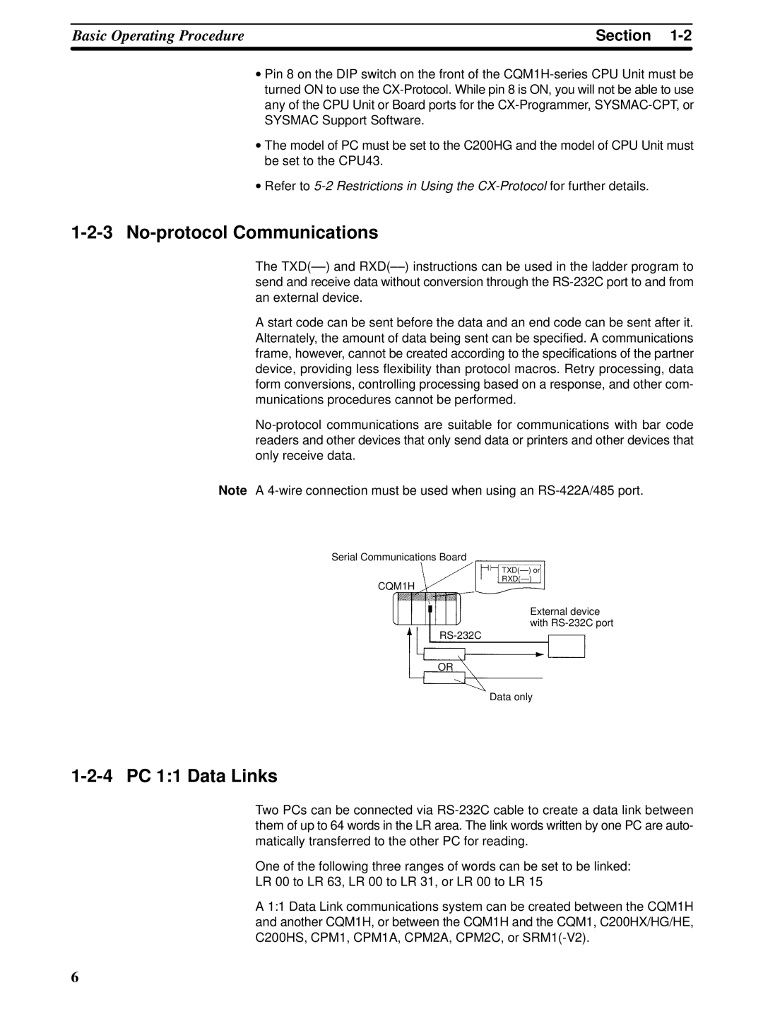 Omron CQM1H-SCB41 operation manual No-protocol Communications, 4 PC 11 Data Links 