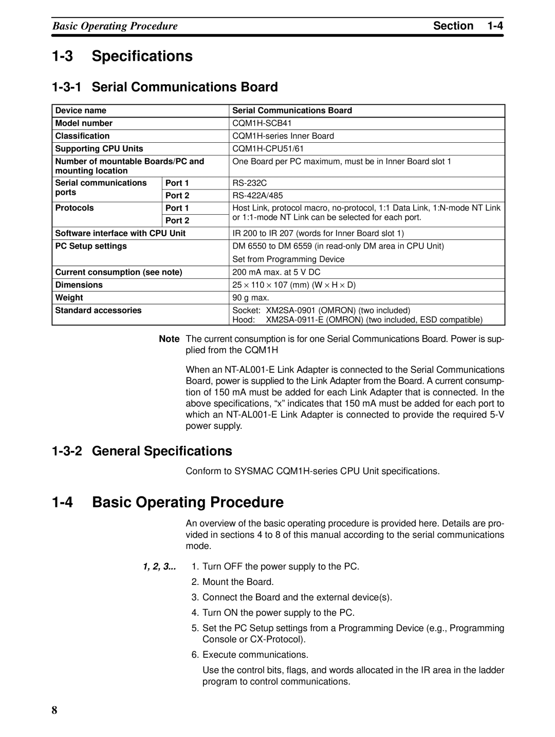 Omron CQM1H-SCB41 operation manual Basic Operating Procedure, Serial Communications Board, General Specifications 