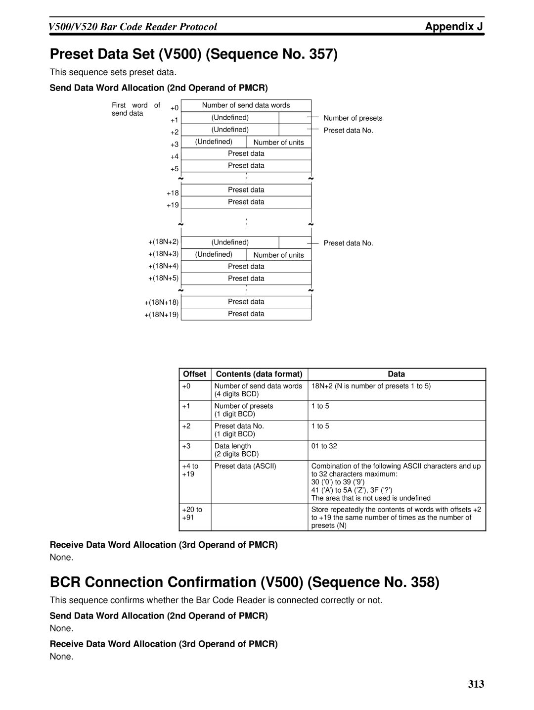 Omron CQM1H-SCB41 operation manual Preset Data Set V500 Sequence No, BCR Connection Confirmation V500 Sequence No 