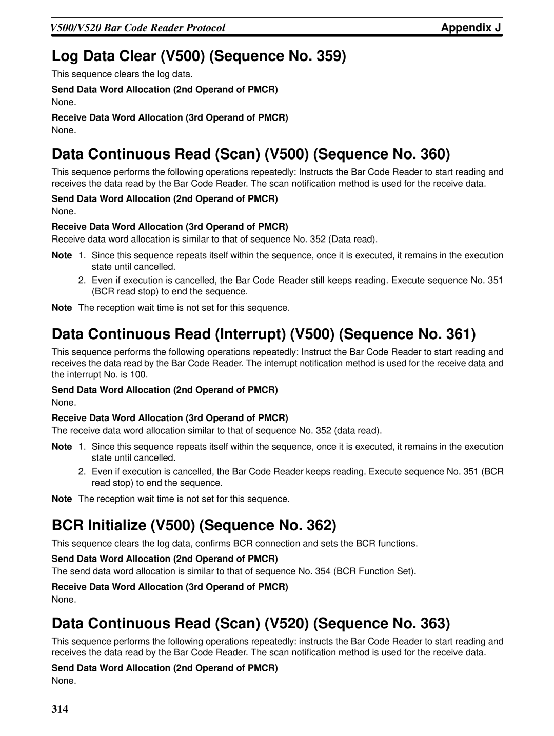 Omron CQM1H-SCB41 operation manual Log Data Clear V500 Sequence No, Data Continuous Read Scan V500 Sequence No 
