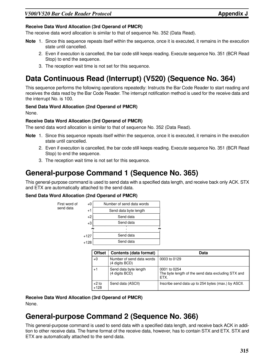 Omron CQM1H-SCB41 operation manual Data Continuous Read Interrupt V520 Sequence No, General-purpose Command 1 Sequence No 