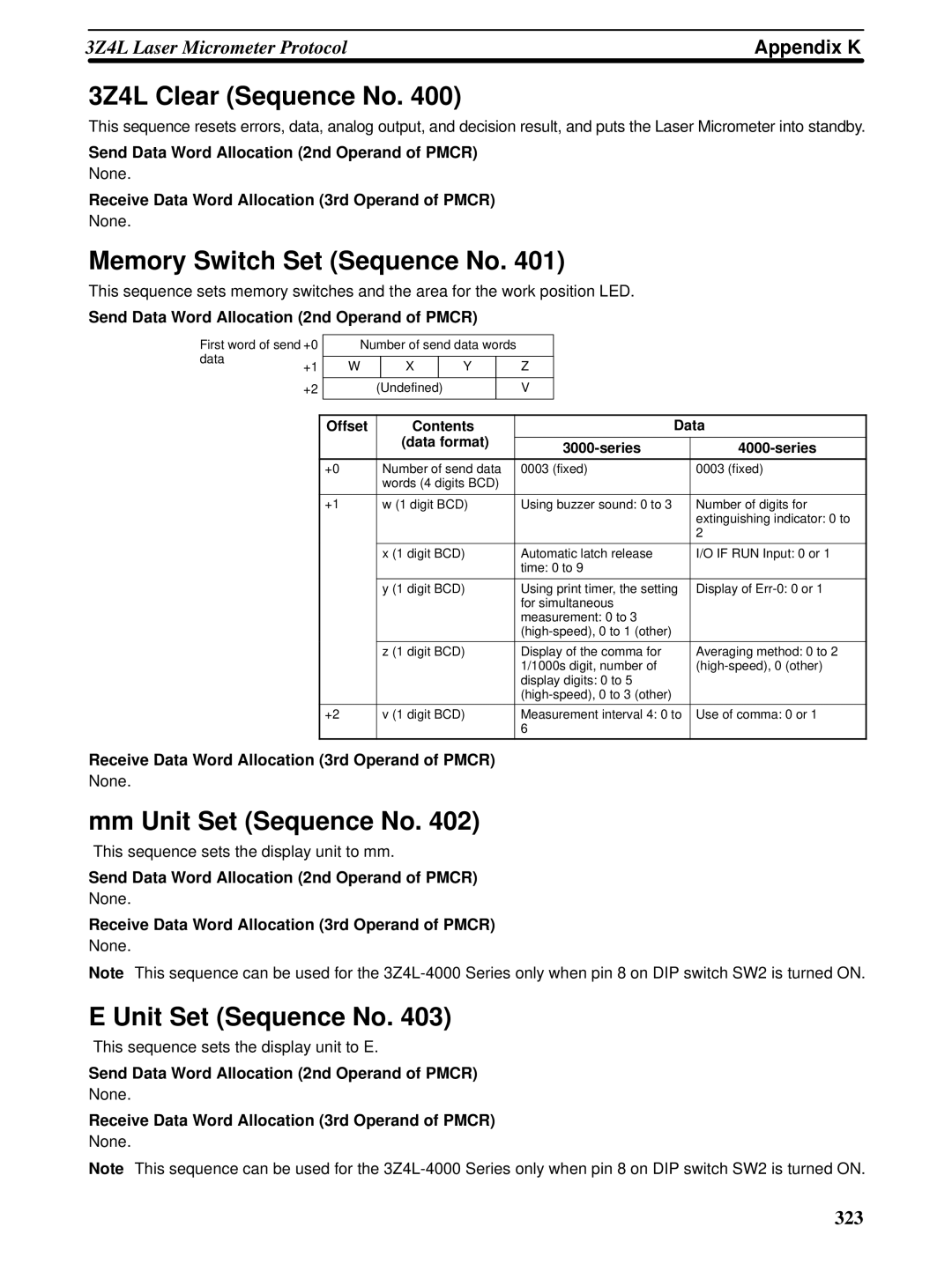 Omron CQM1H-SCB41 operation manual 3Z4L Clear Sequence No, Memory Switch Set Sequence No, Mm Unit Set Sequence No 