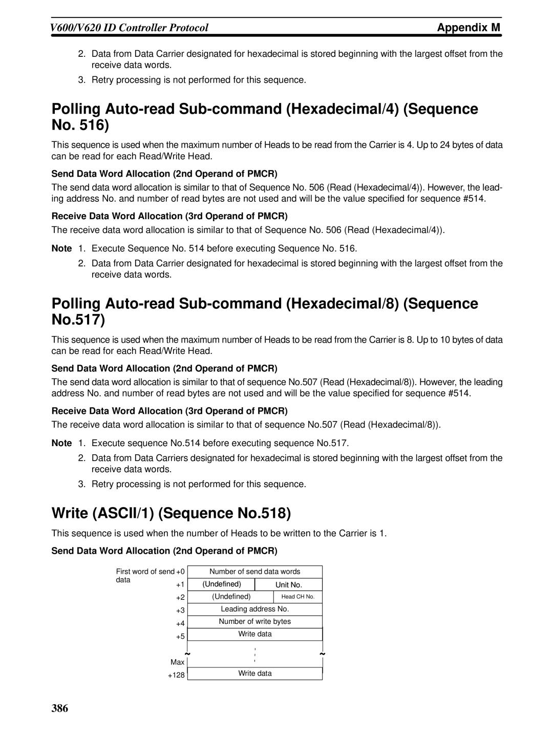 Omron CQM1H-SCB41 operation manual Polling Auto-read Sub-command Hexadecimal/4 Sequence No, Write ASCII/1 Sequence No.518 