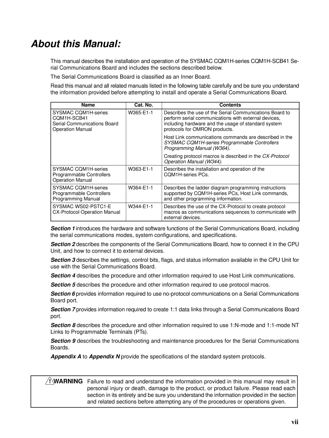 Omron CQM1H-SCB41 operation manual About this Manual, Name Cat. No Contents 