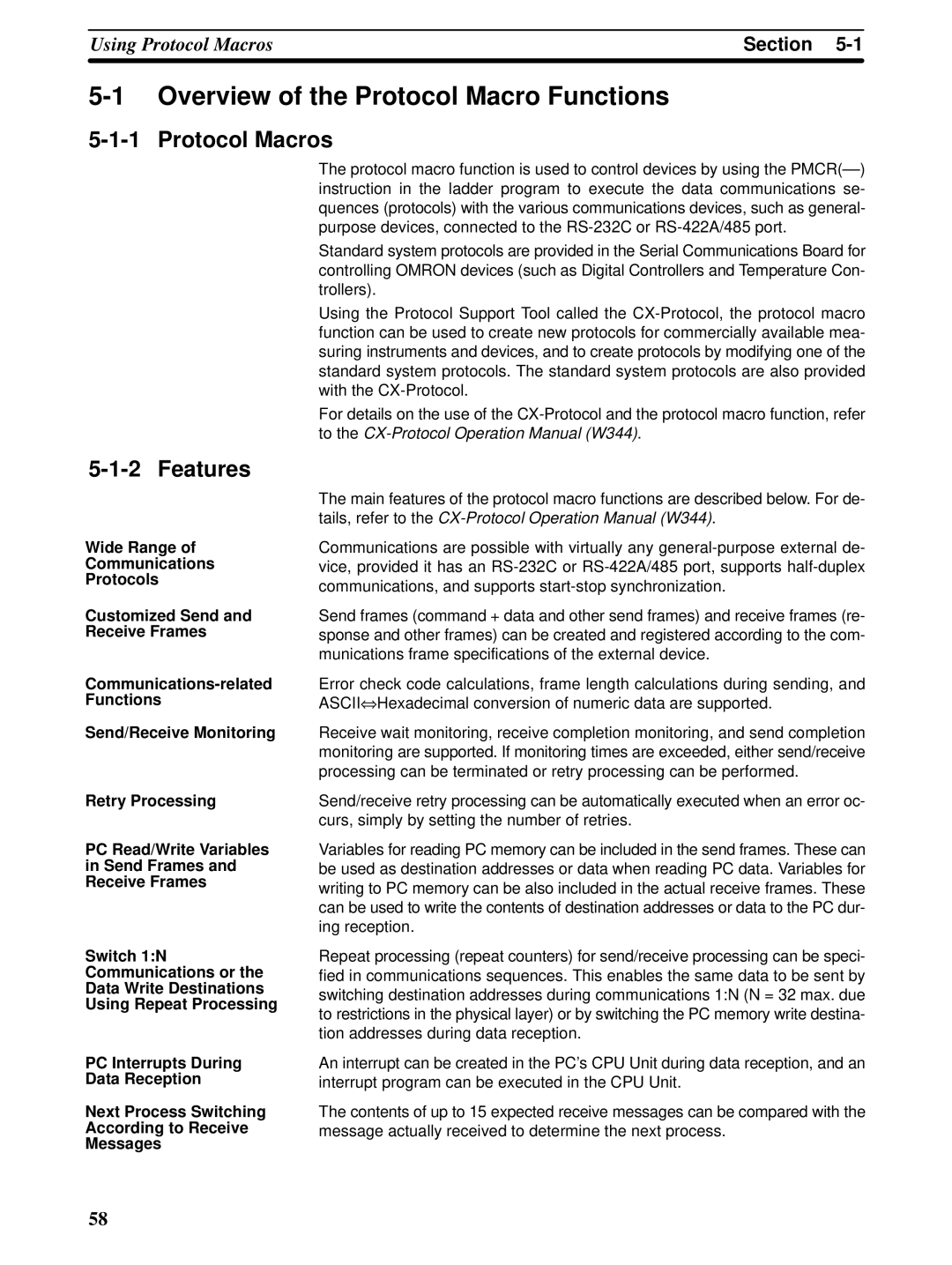 Omron CQM1H-SCB41 operation manual Overview of the Protocol Macro Functions, Section 