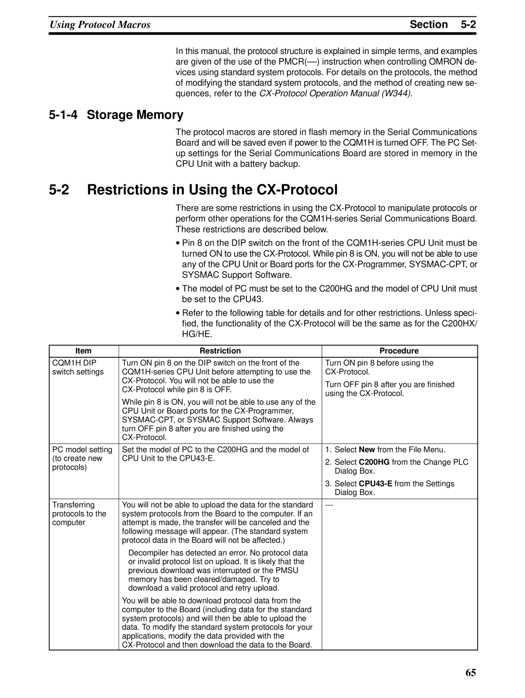 Omron CQM1H-SCB41 operation manual Restrictions in Using the CX-Protocol, Storage Memory, Restriction Procedure 