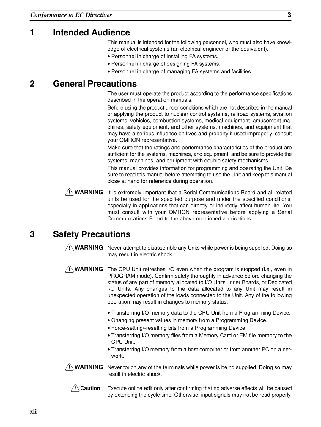 Omron CQM1H-SCB41 operation manual Intended Audience, General Precautions, Safety Precautions 